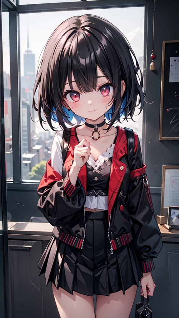 (masterpiece, highest quality, highest quality, (No text), Beautiful and aesthetic:1.2),No text,アニメ、BREAK,One Girl,Black Hair Girl short hair older sister choker Tree Eyes Beautiful eyes Red eyes cool smile Red and Black Black jacket mini skirt whole body In town