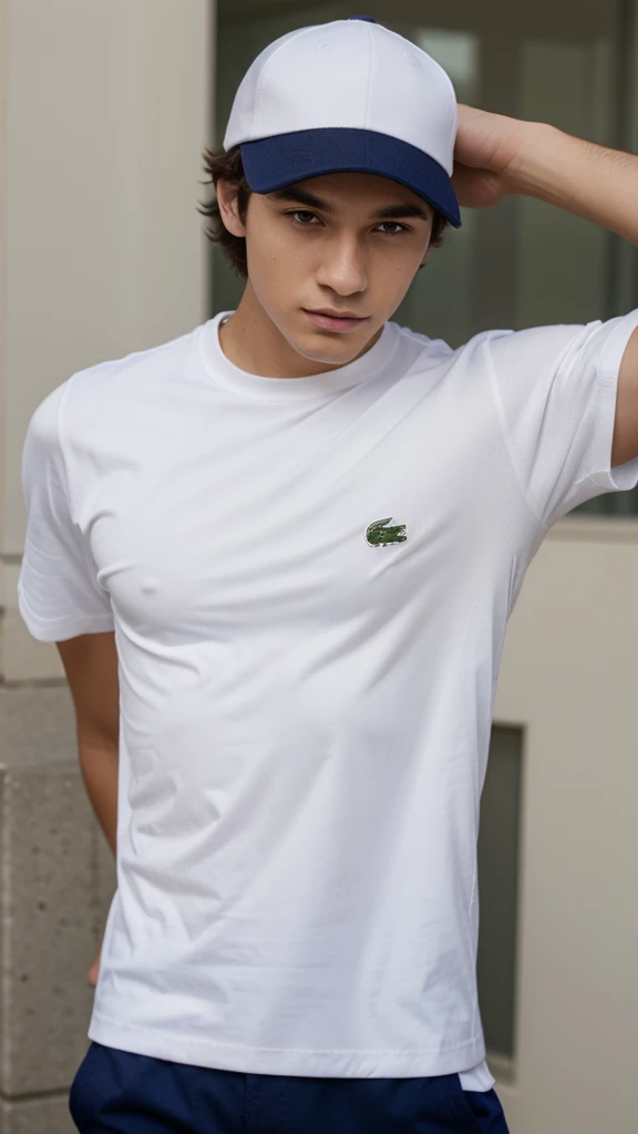 Profile photo of a young man wearing a lacoste cap, fully body, pose