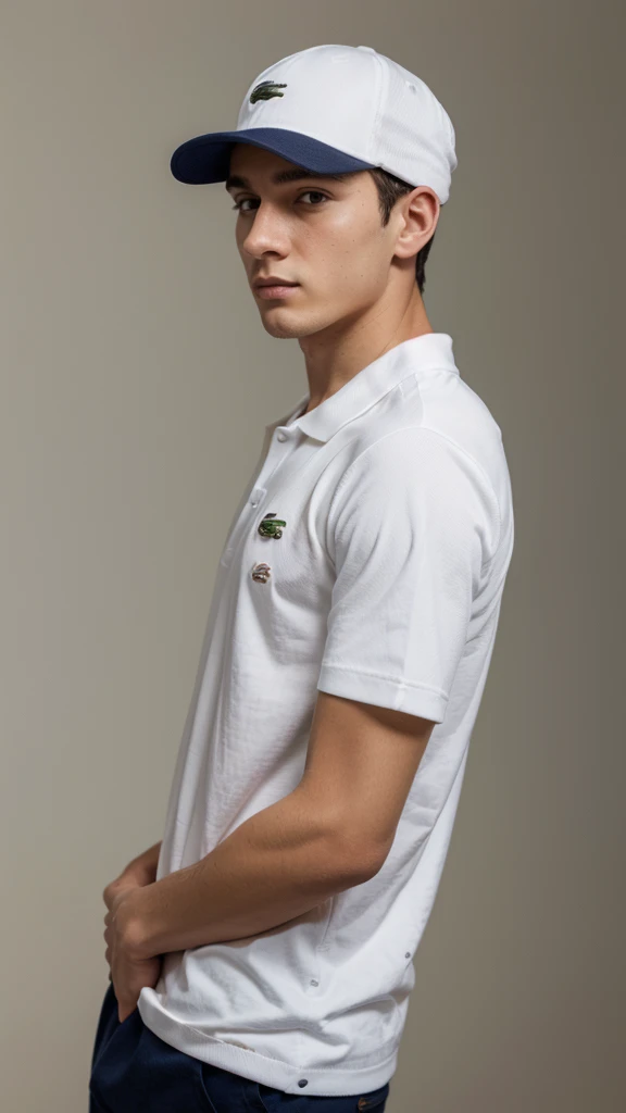 Profile photo of a young man wearing a lacoste cap, fully body, pose