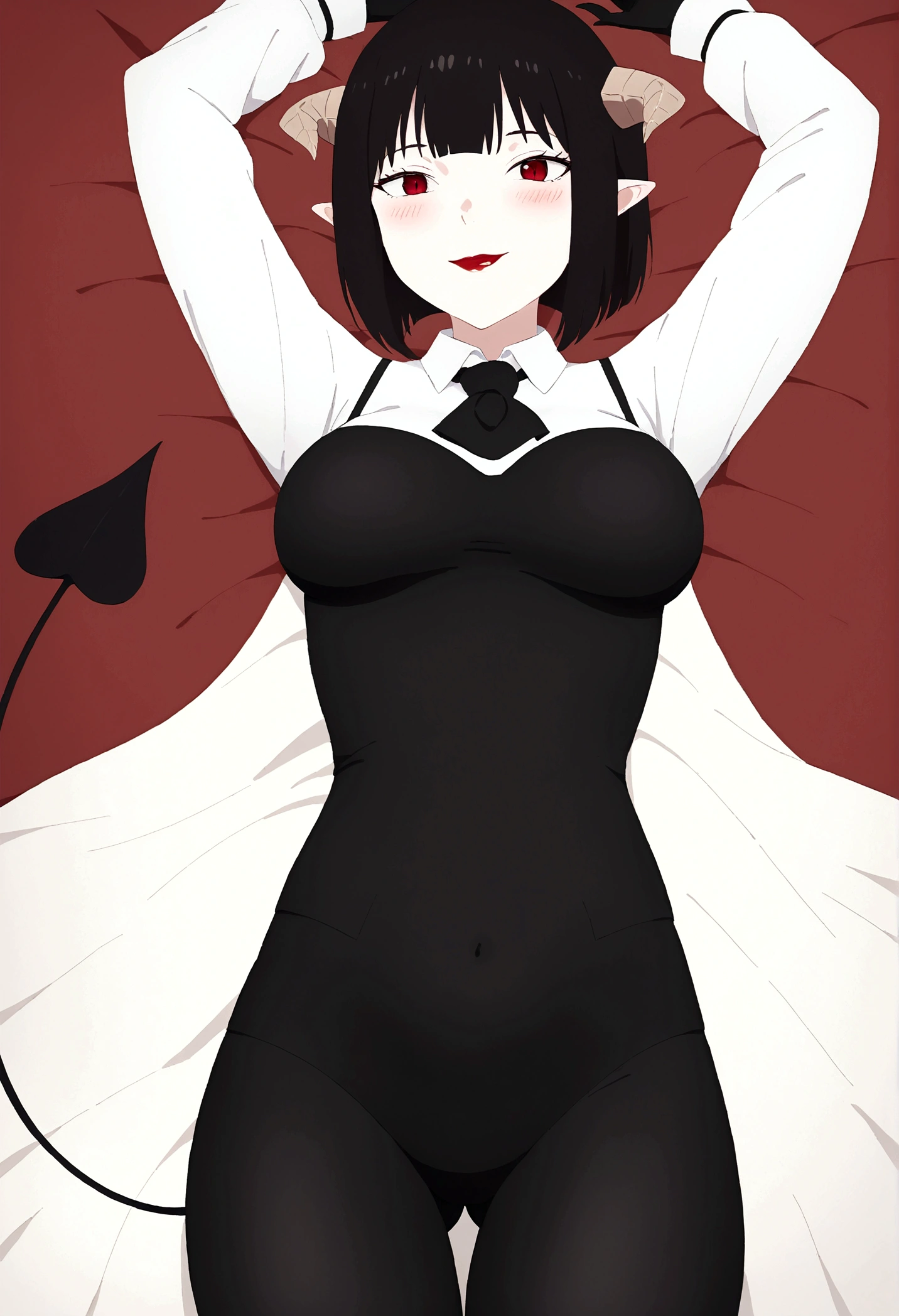 work of art, best qualityer, high resolution, 1girl horns short hair demon tail, white shirt black ascot black gloves black pants black vest lying on your back, sheet, arms up,blushed,face red,body detailed,skin-tight outfit,red bed,ssmile
