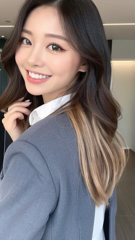((top-quality、masutepiece、8K、Top image quality、Hyper-Realism， full body)) The Biggest Smile、white big teeth、korean idol makeup、long eyelashes、View me、smile your best smile, Bright lighting, hyper realistic, photoreal, business wear, perfect make up, travel,  romantic big curl, meeting, blazer