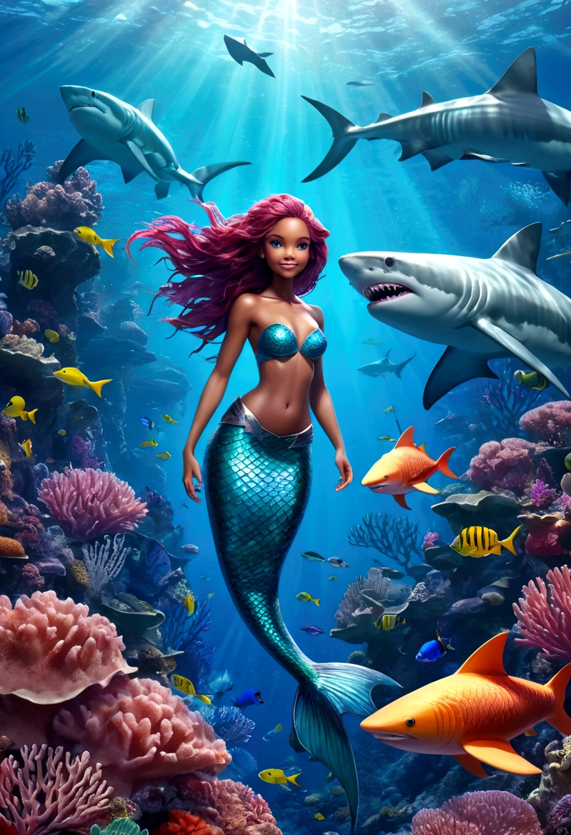 a beautiful detailed mermaid girl with shark-like features, sharp teeth, blue eyes, scaly skin, shark fin-like dorsal fins, perfect proportions, floating in a fantastical underwater seascape with coral, tropical fish, detailed 3D rendering, lighting, vibrant colors, conceptual art style