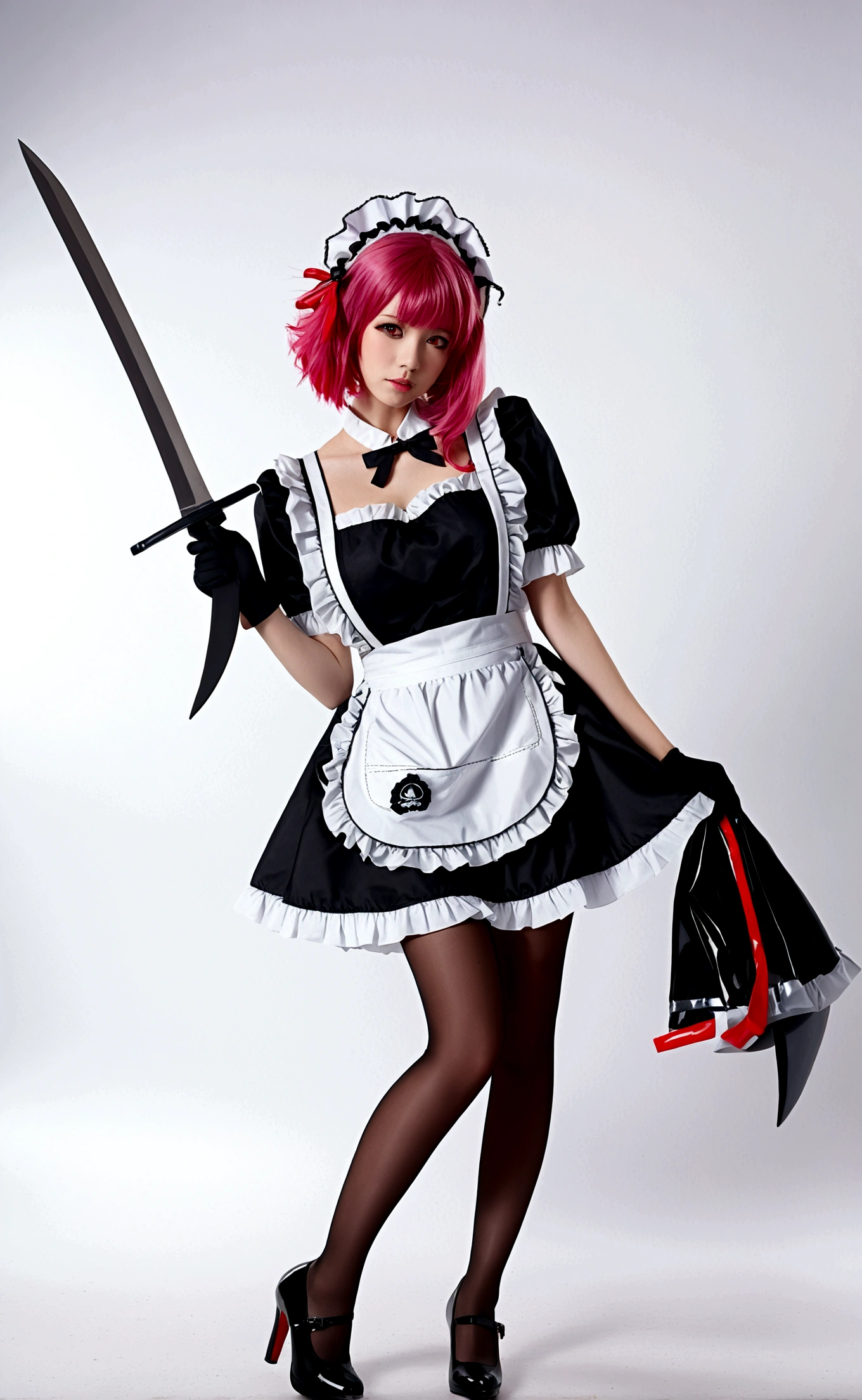 1girl, solo, , looking at viewer, short hair, bangs, simple background, black hair, red eyes, gloves, dress, medium breasts full body, weapon, pink hair, short sleeves, pantyhose, mulored hair, frills, shoes, puffy sleeves, whitoves, black footwear, apron, black dress, high heels, two-tone hair, puffy short sleeves, wrcuffs, black pantyhose, maid, maid headd black background, white apron, maid apron, colored inner hair, huge weapon,Shark tail fin, single shoe