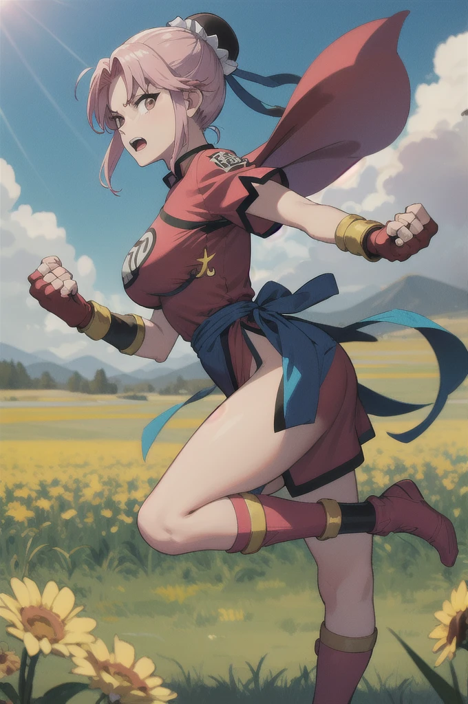 masterpiece, best quality,  martialMaam, hair bun, short hair, china dress, short sleeves, sash, fingerless gloves, furrowed brow, open mouth, fighting stance, from side, looking at viewer, big breasts:1.6, blue sky, field, standing on one leg