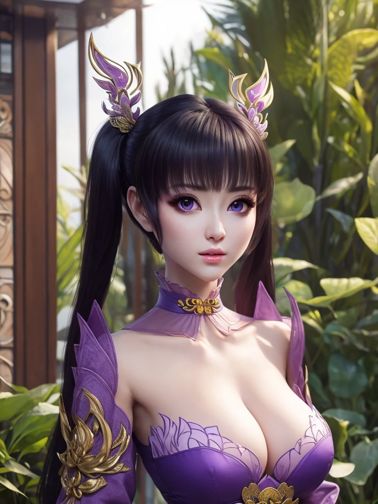 a close up of a woman in a purple outfit standing in a garden, full body xianxia, zhongli from genshin impact, inspired by Li Mei-shu, yun ling, heise jinyao, inspired by Pu Hua, a beautiful fantasy empress, keqing from genshin impact, inspired by Lan Ying, portrait knights of zodiac girl, sha xi, portrait 1 girl, big round breasts, symmetrical breasts, tight breasts, breast augmentation, light purple eyes, the most beautiful eyes, beautiful and extremely detailed face makeup,