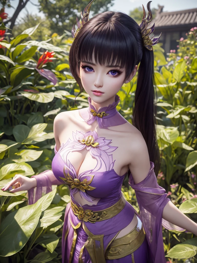 a close up of a woman in a purple outfit standing in a garden, full body xianxia, zhongli from genshin impact, inspired by Li Mei-shu, yun ling, heise jinyao, inspired by Pu Hua, a beautiful fantasy empress, keqing from genshin impact, inspired by Lan Ying, portrait knights of zodiac girl, sha xi, portrait 1 girl, big round , symmetrical breasts breasts, breasntation, purple eyes, the most beautiful eyes, beautiful and extremely detailed face makeup,