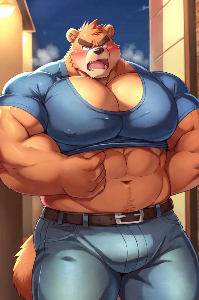 Bear, By Arashi Takemoto 1boy, animal ears, arms behind back, bara, belt, blush, breath, denim, Bear boy, Bear ears, furry, furry male, grabbing, groping, interspecies, jeans, large pectorals, male focus, muscular, muscular male, pants, pectorals, taut, upper body, yaoi, belly, obese, angry face