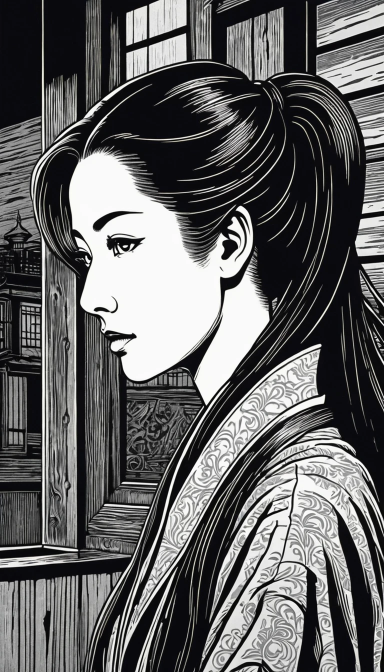 (Black and white woodcut:1.5)、(Second floor in black and white.)、foreground, dark and sinister atmosphere、profile face of a female doctor, long black hair, with long ponytail, huge breasts, wearing a long doctor&#39;s coat, next to a microscope in a chemical laboratory, smiling at the viewer, Mysterious、