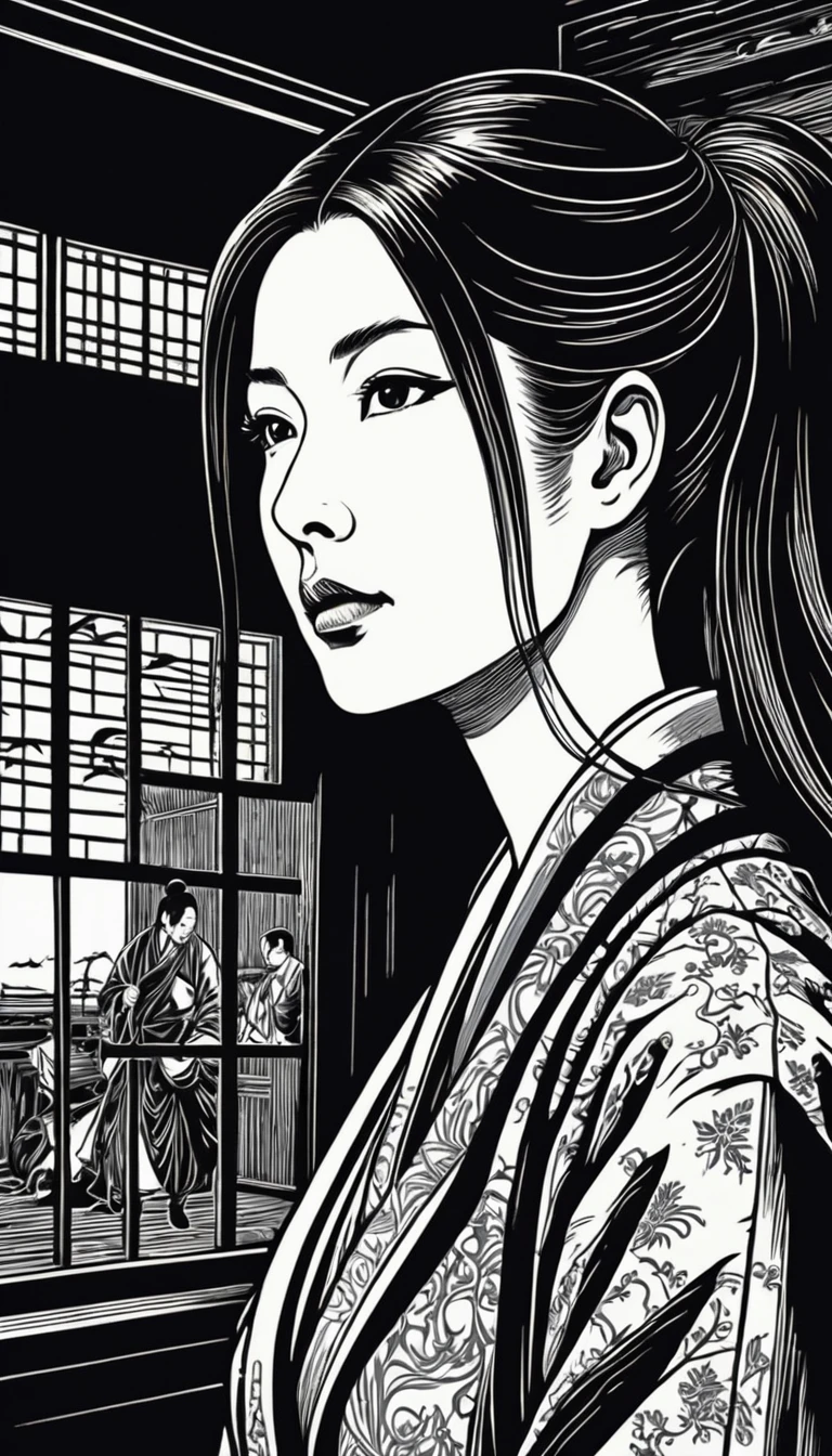 (Black and white woodcut:1.5)、(Second floor in black and white.)、foreground, dark and sinister atmosphere、profile face of a female doctor, long black hair, with long ponytail, huge breasts, wearing a long doctor&#39;s coat, next to a microscope in a chemical laboratory, smiling at the viewer, Mysterious、