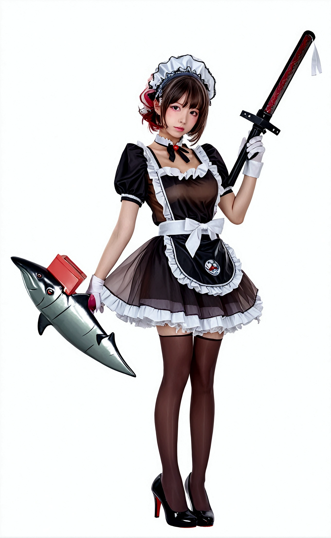 1girl, solo, breasts, looking at viewer, short hair, bangs, simple background, black hair, red eyes, gloves, dress, medium breasts, tail, full body, weapon, pink hair, short sleeves, pantyhose, multicolored hair, frills, shoes, puffy sleeves, white gloves, black footwear, apron, black dress, high heels, two-tone hair, puffy short sleeves, wrist cuffs, black pantyhose, maid, maid headdress, black background, white apron, maid apron, colored inner hair, huge weapon,Shark tail fin, single shoe