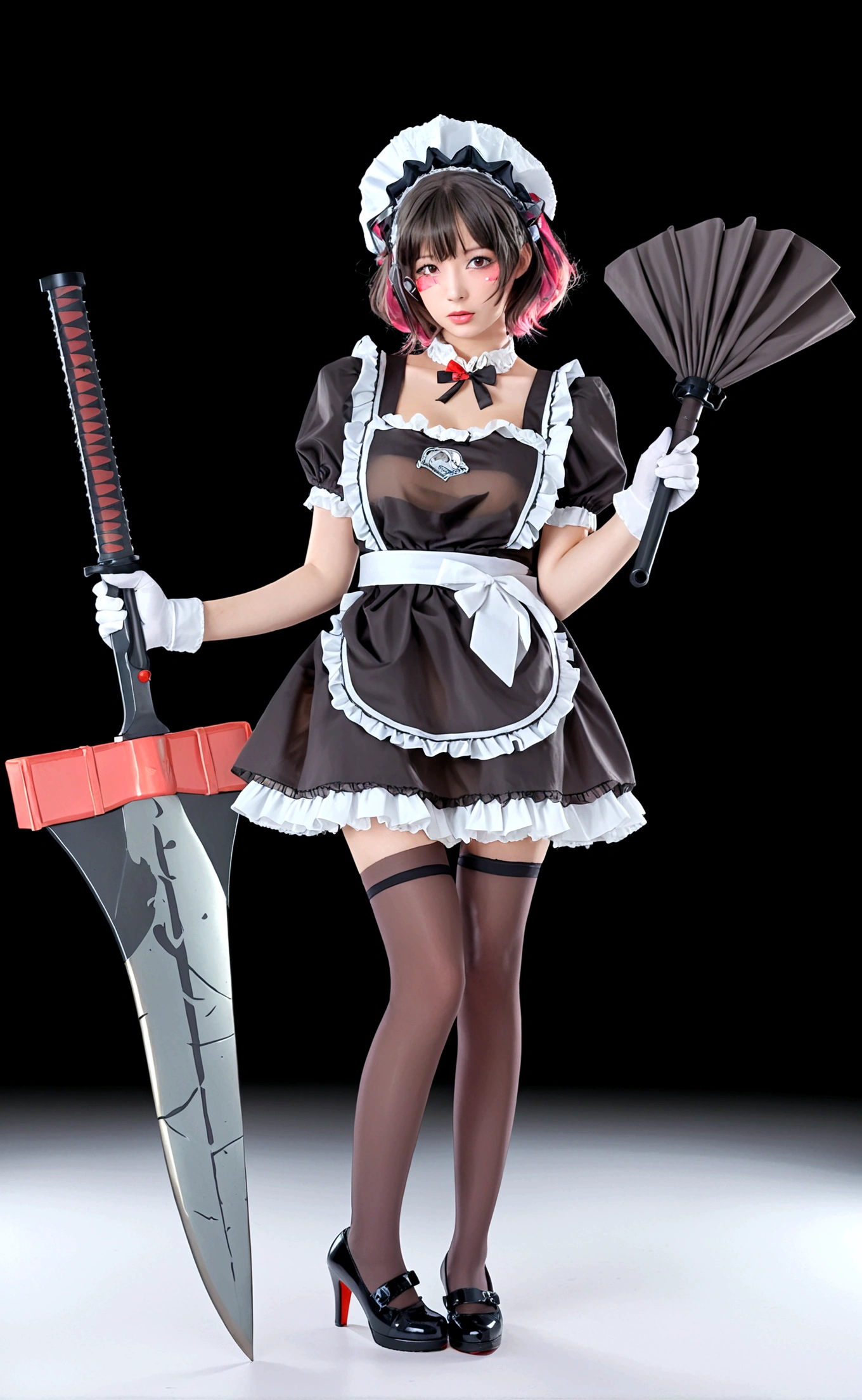 1girl, solo, breasts, looking at viewer, short hair, bangs, simple background, black hair, red eyes, gloves, dress, medium breasts, tail, full body, weapon, pink hair, short sleeves, pantyhose, multicolored hair, frills, shoes, puffy sleeves, white gloves, black footwear, apron, black dress, high heels, two-tone hair, puffy short sleeves, wrist cuffs, black pantyhose, maid, maid headdress, black background, white apron, maid apron, colored inner hair, huge weapon,Shark tail fin, single shoe