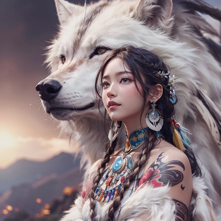 Shirakami-Sanchi、Hair flow、 ((Highest quality、masterpiece、8K、Best image quality、Ultra-high resolution、Award-winning works)、(Accurate anatomy:1.1)、(Look at me and smile:1.1)、Shining fair skin with Ultra-high resolution、The most detailed face、Ultra-high resolution detailed face、Ultra-high resolutionの髪の毛、(Ultra-high resolutionの煌めく瞳:1.1)、Beautiful face drawn in every detail、(Blurred Background:1.1)、Native American white costume, American Indian Clothing, Chest to chest, tattoo、A real giant condor next to you。Observe the white wolf