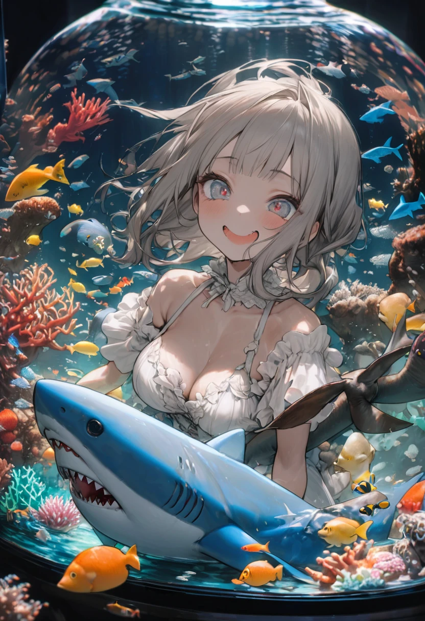 Highest quality, Super quality, 16K, Incredibly absurd, Very detailed, 2.5D, delicate and dynamic, aquarium, Large sink, Colorful Coral, Small faint light and small fish, shark, In the water, under the sea, , , , Small face, Extremely delicate facial expression, Delicate eye depiction, Upper body close-up, erotic, Monster, sole sexy shark, healthy shaped body, 22 years old lady, , 170cm tall, huge firm bouncing busts, 全身sharkのコスチューム, sharkの着ぐるみ, sharkの背びれ, sharkの頭の形の帽子, , , sharkと一緒に泳ぐ