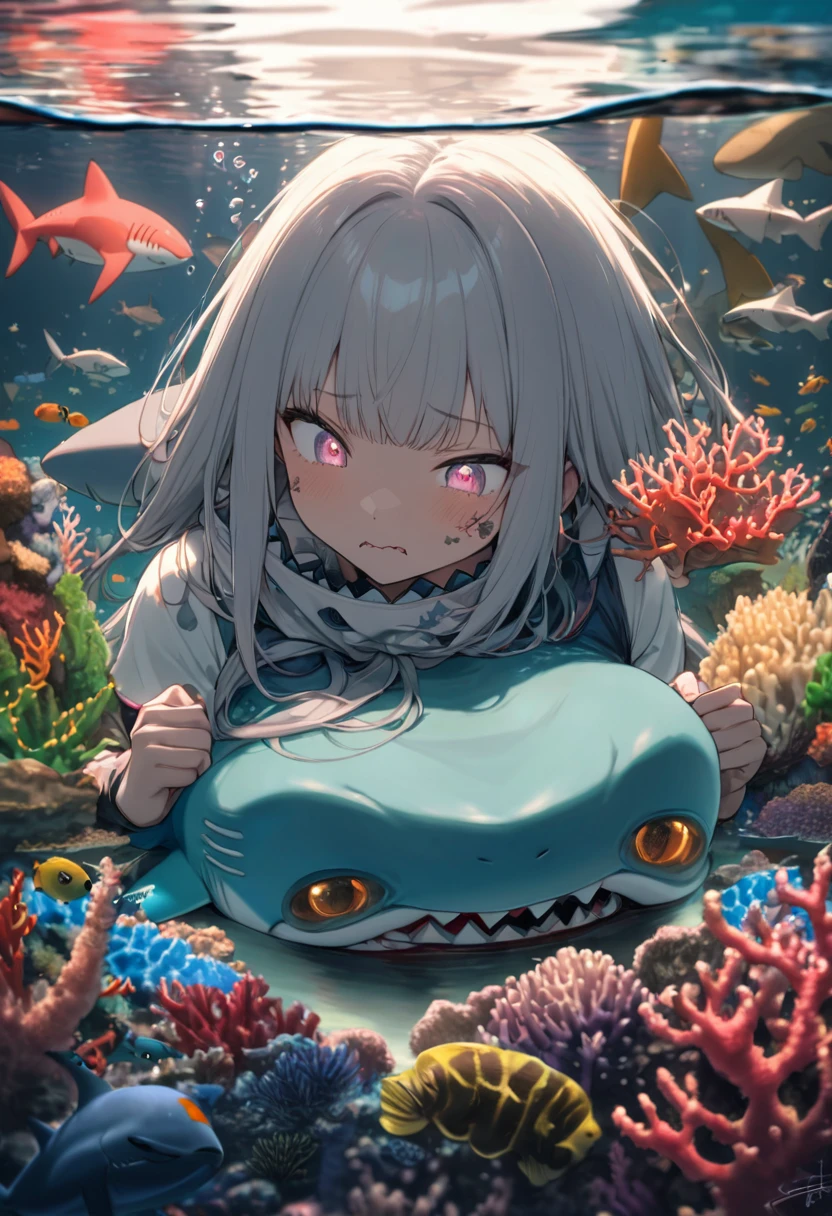 Highest quality, Super quality, 16K, Incredibly absurd, Very detailed, 2.5D, delicate and dynamic, aquarium, Large sink, Colorful Coral, Small faint light and small fish, shark, In the water, under the sea, , , , Small face, Extremely delicate facial expression, Delicate eye depiction, Upper body close-up, erotic, Monster, sole sexy shark, healthy shaped body, 22 years old lady, , 170cm tall, huge firm bouncing busts, 全身sharkのコスチューム, sharkの着ぐるみ, sharkの背びれ, sharkの頭の形の帽子, , , sharkと一緒に泳ぐ