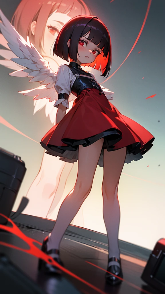 Model rambut Medium Bob cut, dark red hair, red eyes, Wearing a women loli's dress, 16 years. , zoom out, camera angel hero view -15°.