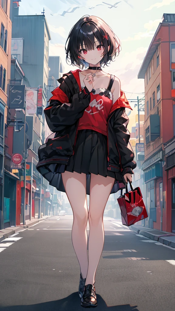 (masterpiece, highest quality, highest quality, (No text), Beautiful and aesthetic:1.2),No text,アニメ、BREAK,One Girl,Black Hair Girl short hair older sister choker Tree Eyes Beautiful eyes Red eyes cool smile Red and Black Black jacket mini skirt whole body In town