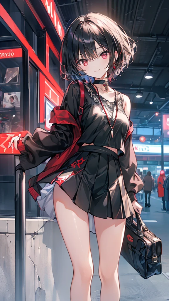 (masterpiece, highest quality, highest quality, (No text), Beautiful and aesthetic:1.2),No text,アニメ、BREAK,One Girl,Black Hair Girl short hair older sister choker Tree Eyes Beautiful eyes Red eyes cool smile Red and Black Black jacket mini skirt whole body In town