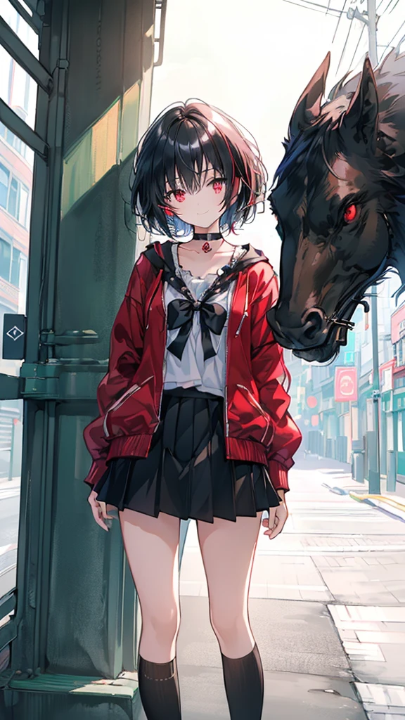 (masterpiece, highest quality, highest quality, (No text), Beautiful and aesthetic:1.2),No text,アニメ、BREAK,One Girl，Black Hair Girl　short hair　older sister　choker　Tree Eyes　Beautiful eyes　Red eyes　cool　smile　Red and Black　Black jacket　mini skirt　whole body　In town
