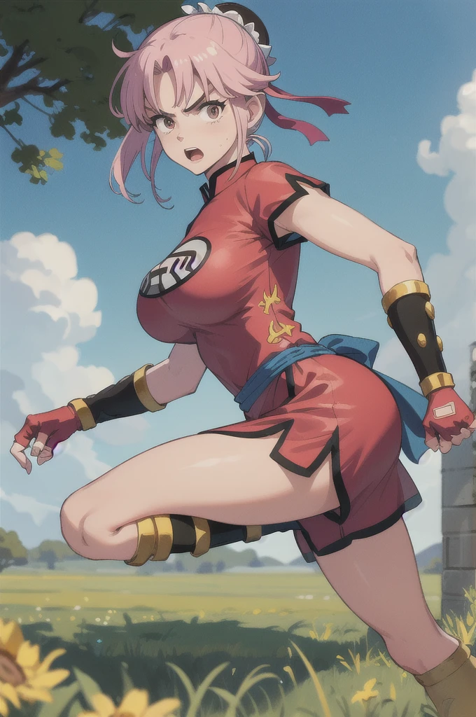 masterpiece, best quality,  martialMaam, hair bun, short hair, china dress, short sleeves, sash, fingerless gloves, furrowed brow, open mouth, fighting stance, from side, looking at viewer, big breasts:1.6, blue sky, field, standing on one leg