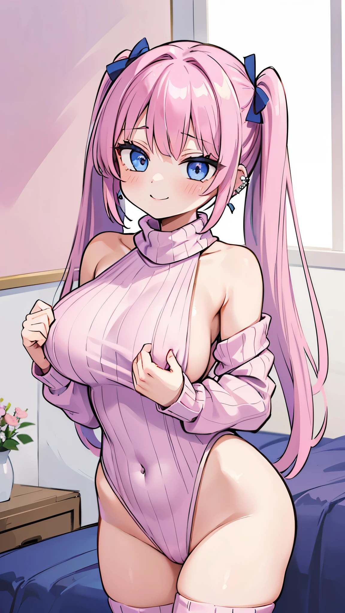 (masterpiece、Highest quality、Super detailed)、((One girl))、((Pink Hair))、((Twin tails))、((Light blue eyes))、smile、((lots of piercings))、((Very large breasts))、((virgin killer sweater))、t cowboy shot、Bedroom Background