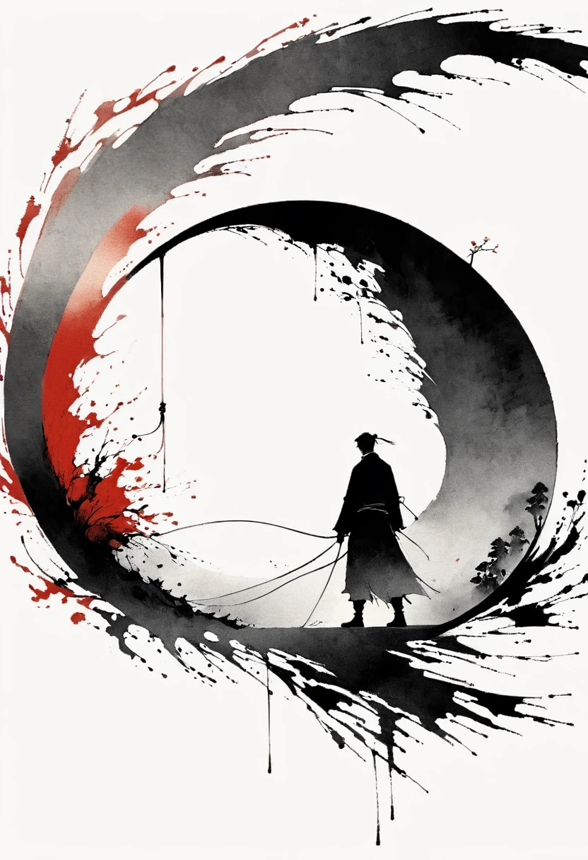 中国Ink Painting, Gray and White, Minimum,White background,The Trail, Minimalism, Huge negative space, Ink Painting, Abstract,Blood-stained sunset,A person dancing in the rain