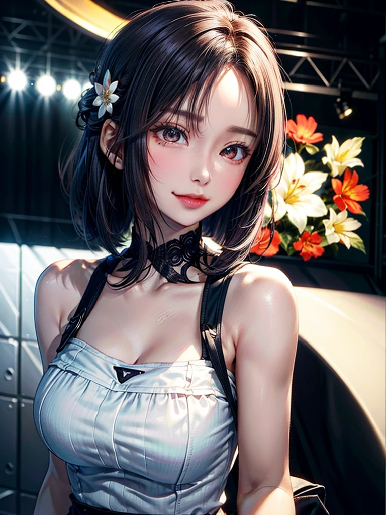((Best of the highest quality, 8k, Masterpiece, raw photo: 1.1)), (Sharp focus: 1.1), (1 AESPA, slim body type female, 22 y/o: 1.1), solo, Portrait Waist Up, (realistic, photo-realistic:1.37), face focus, cute face, finely eyes, (forehead: 1.12), (sharp chin, droopy eyes: 1.32), (Emphasize prominent aegyo-sal with bright: 1.28), shimmering eyeshadow applied under the lower lash line, paired with thick, (short bob hair, updo: 1.2), alternative outfit, walking on stage, microphone, flower,