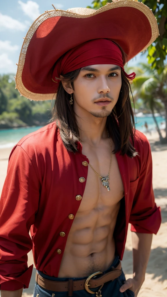 Pirate boy wearing red clothes and straw hat
