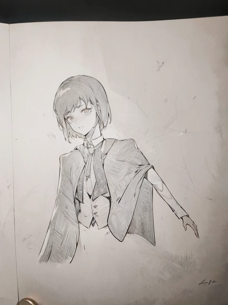 A handsome girl,Short hair,Lacrimal nevus,Look up,Cape,Dark circles under eyes,Black hair,Tie, Dress,Light and shadow