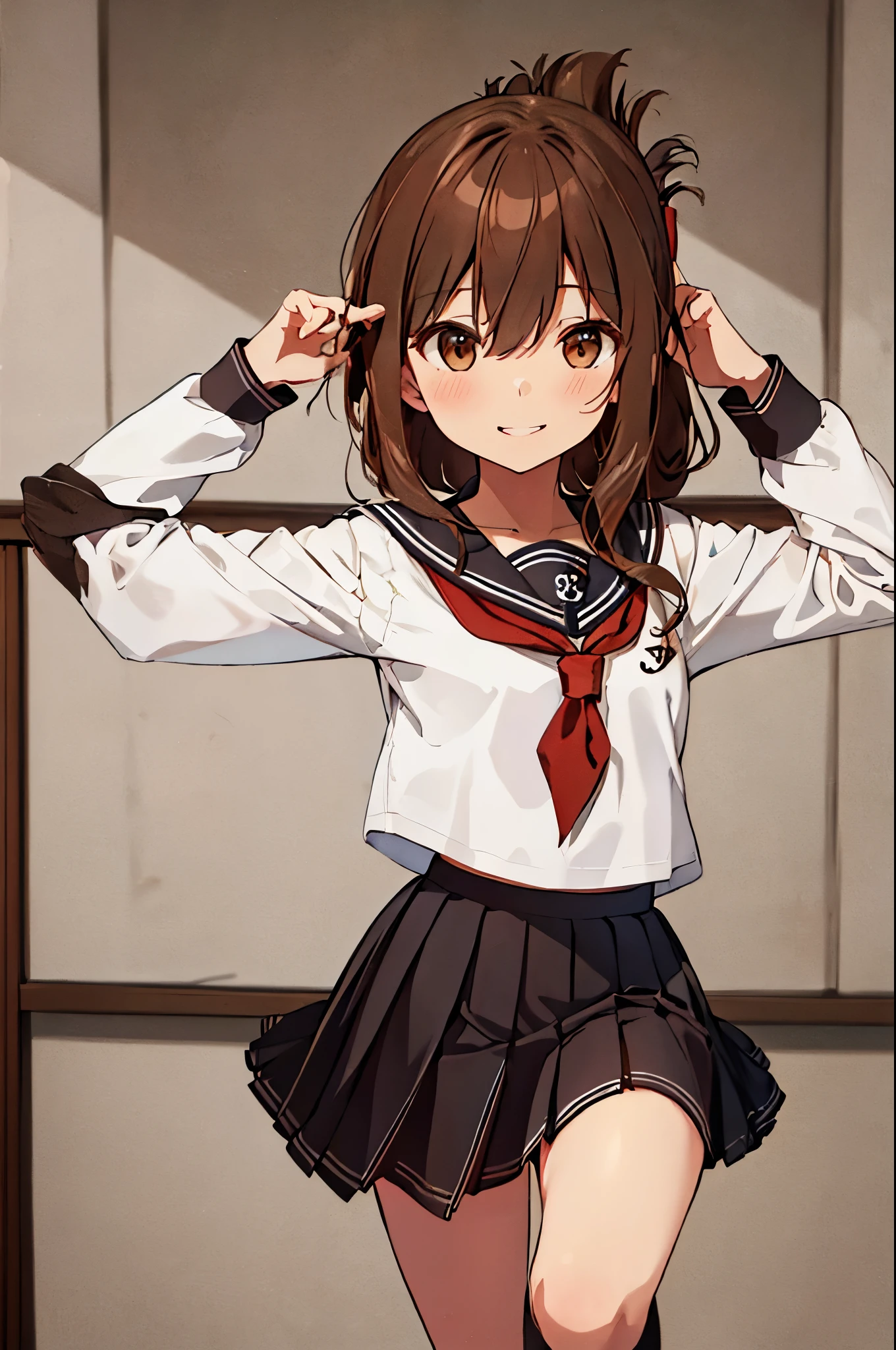 Highest quality, Tabletop, High resolution, 一人in, {inazuma_Fleet Collection:1.15}, brown_hair, Folded_ponytail, brown_eye, Seraphim, length_hair, red面, Open_mouth, smile, One Girl, anchor_symbol, black_skirt, length_sleeve, look up_in_Audience, neckerchief, Pleats_skirt, red_neckerchief, Sailor_collar, School_uniform, skirt,
