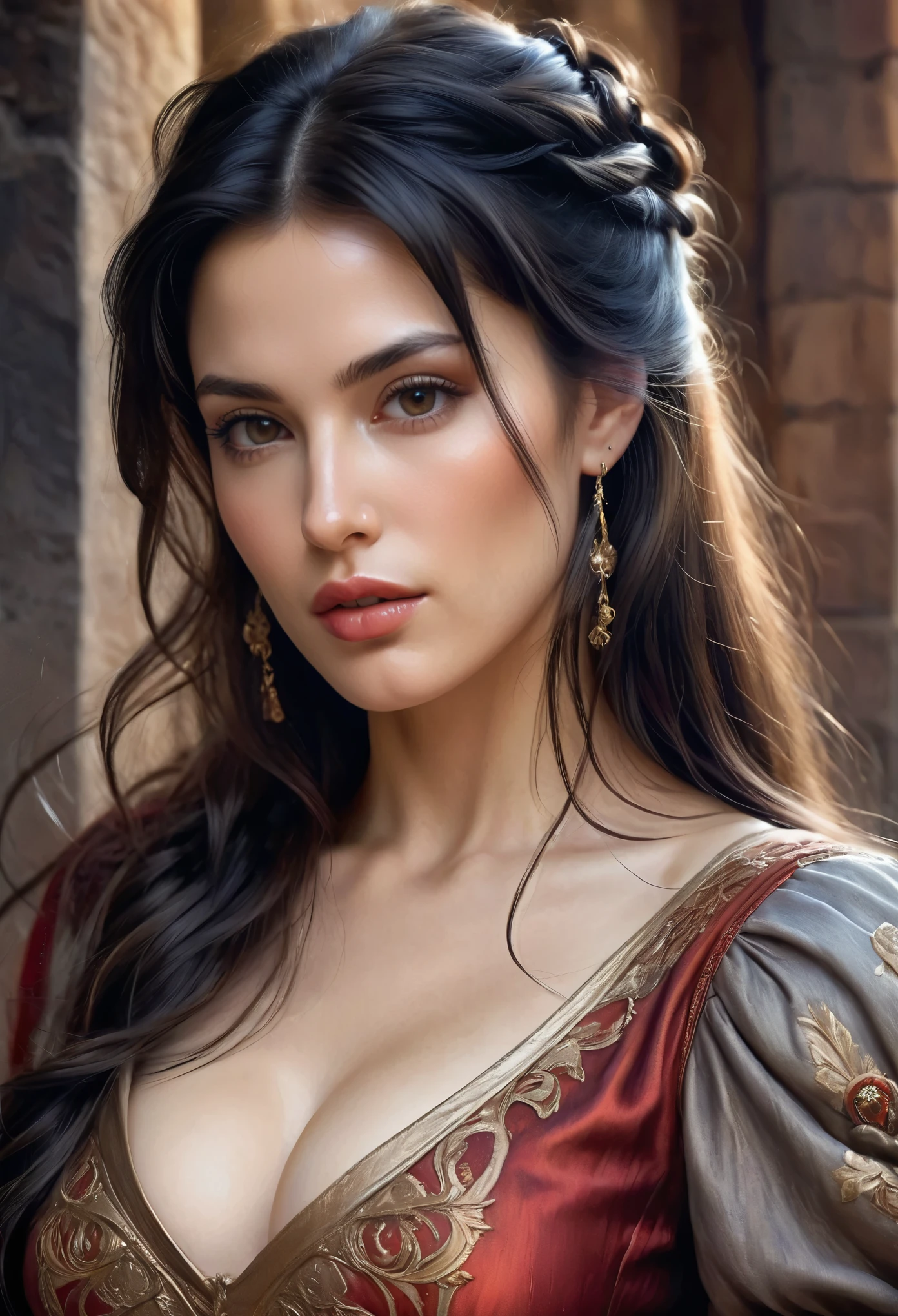 A detailed illustration of dark-haired beautiful Italian girl in a medieval dress, erotic and seductive, hyper detailed moist skin texture, high nose, noble, Soft and bright, HD Art by Greg Hildebrand, Liu Citemar, Sejic Stepan, Sanyang, Aikut Aidgudu, Justin Gerard, Alphonse Mucha, art gelm, WLOP and Greg Rutkowski, (Cindy Crawford:0.5)
