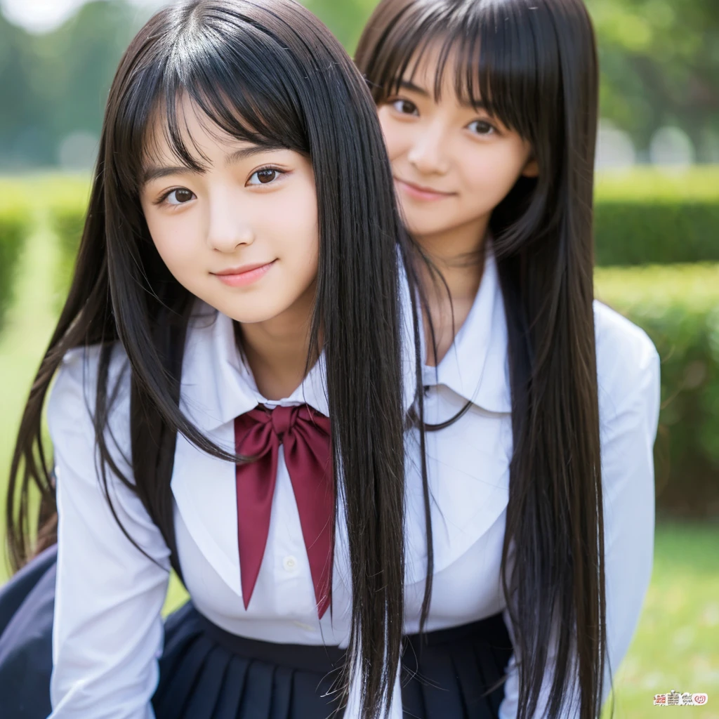 A high school girl with long black hair, a straight nose, beautiful eyes, and a kind personality.