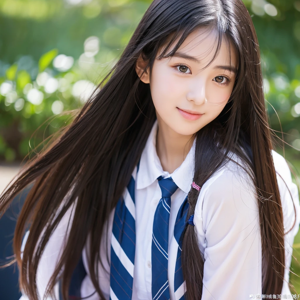 A high school girl with long black hair, a straight nose, beautiful eyes, and a kind personality.