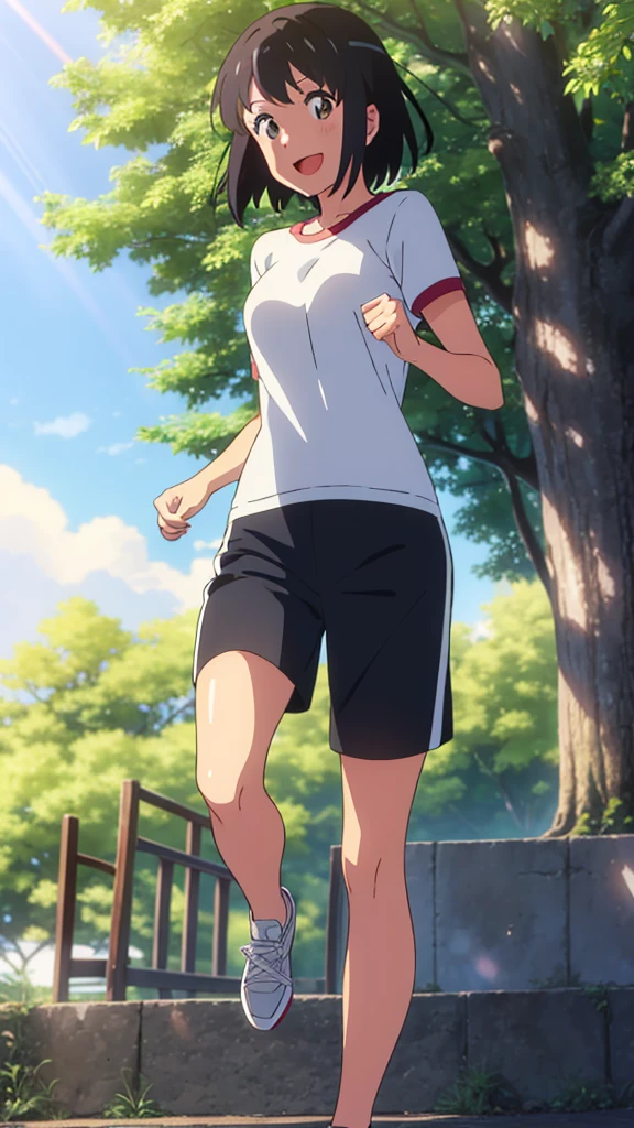 shinkai makoto, kimi no na wa., 1girl, bangs, black hair, blush, bright eyes, brown eyes, looking at the viewer, red headband, casual clothes, white t-shirt, black shorts, short hair, medium breasts, solo, day, outdoors, shinny skin, smile, happy, :D, blue_sky, sunlight, summer_season, scenery park, jogging, wind, tree