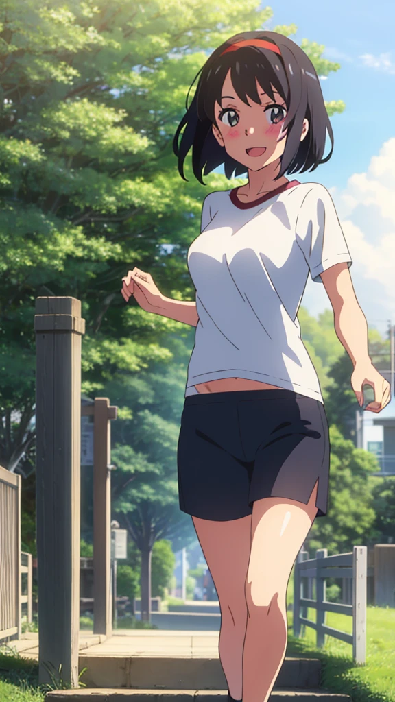 shinkai makoto, kimi no na wa., 1girl, bangs, black hair, blush, bright eyes, brown eyes, looking at the viewer, red headband, casual clothes, white t-shirt, black shorts, short hair, medium breasts, solo, day, outdoors, shinny skin, smile, happy, :D, blue_sky, sunlight, summer_season, scenery park, jogging, wind, tree