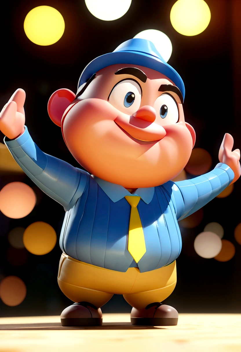 Cartoon character of a chubby man in a blue shirt writing Wow very happy and smiling, animation character, stylized character, animation style rendering, 3d stylized, Arnold Maya rendering, Stylized 3D rendering, toon render screenshot, 3d character, 3d character, Stylized 3D rendering, 3D character rendering, cartoon character, Personagem de close up, character posing,  (Pixar-style) (master part:1.2) (bokeh) (best qualityer) (skin detailed) (detailed texture) (8K) (Argilla) (cinematic lighting) (sharp focus