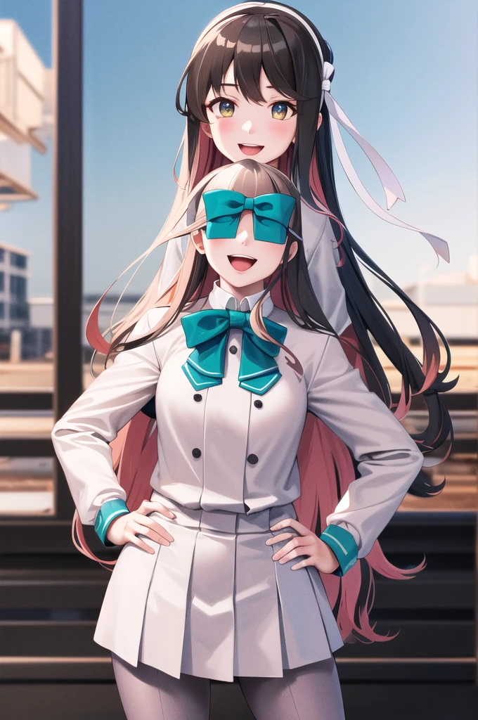 masterpiece, Highest quality, High resolution, Hmm, Profited \(Kantai Collection\), Multicolored Hair, White hair band, White jacket, Purple Dress, , Grey pantyhose, Aqua Bow Tie, Long sleeve, Cowboy Shot, Standing outdoors, Hands on hips, smile, Open your mouth,