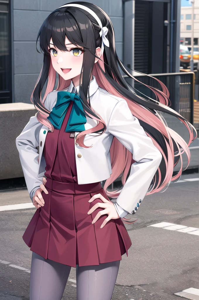 masterpiece, Highest quality, High resolution, Hmm, Profited \(Kantai Collection\), Multicolored Hair, White hair band, White jacket, Purple Dress, , Grey pantyhose, Aqua Bow Tie, Long sleeve, Cowboy Shot, Standing outdoors, Hands on hips, smile, Open your mouth,