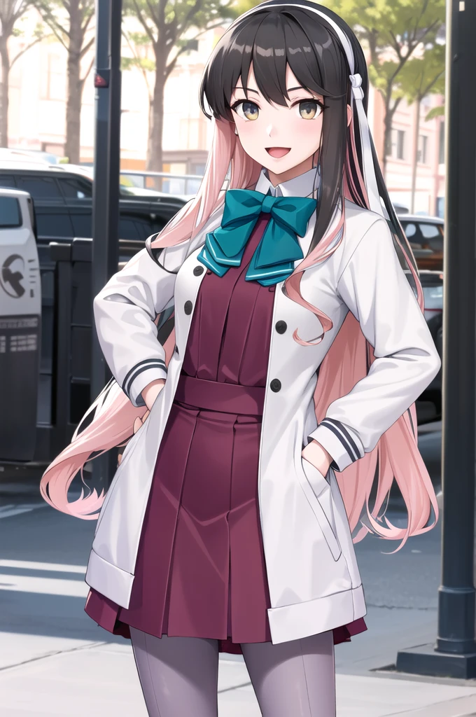 masterpiece, Highest quality, High resolution, Hmm, Profited \(Kantai Collection\), Multicolored Hair, White hair band, White jacket, Purple Dress, , Grey pantyhose, Aqua Bow Tie, Long sleeve, Cowboy Shot, Standing outdoors, Hands on hips, smile, Open your mouth,