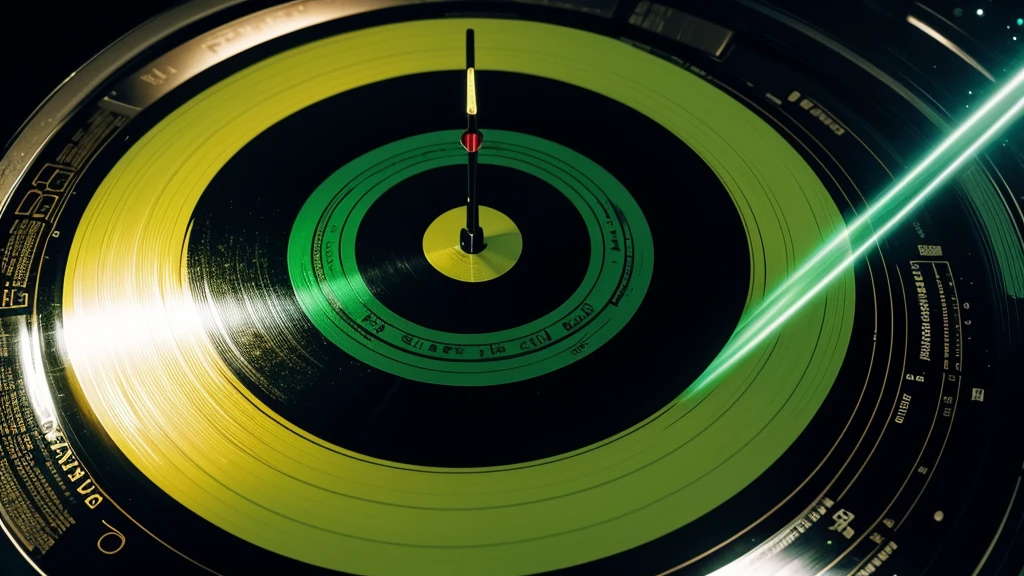 Poster Style,Green frosted background,Vinyl record combined with clock,The record is in the center of the screen.,Front view,Half vinyl record, half clock,Reflecting the sense of time and space,English title golden text effects,There is a halo of light around the record similar to a black hole,Extremely high definition picture quality,quality,Real texture,No sense of space