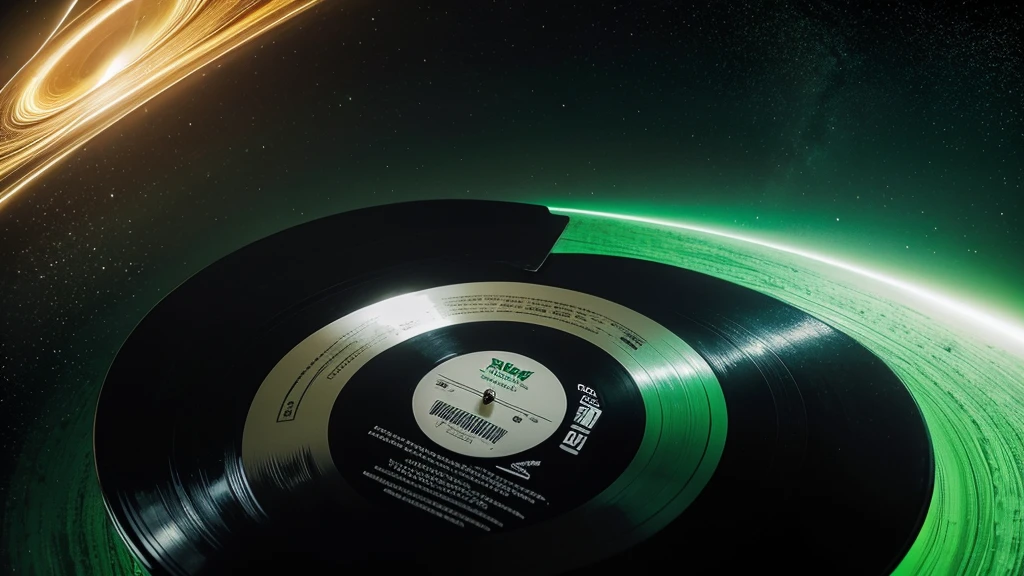 Poster Style,Green frosted background,Vinyl record combined with clock,The record is in the center of the screen.,Front view,Half vinyl record, half clock,Reflecting the sense of time and space,English title golden text effects,There is a halo of light around the record similar to a black hole,Extremely high definition picture quality,quality,Real texture,No sense of space