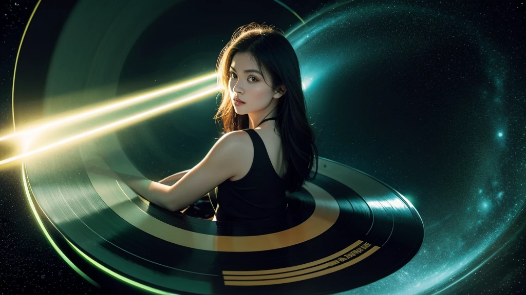 Poster Style，Green frosted background，Vinyl record combined with clock，The record is in the center of the screen.，Front view，Half vinyl record, half clock，Reflecting the sense of time and space，English title golden text effects，There is a halo of light around the record similar to a black hole，Extremely high definition picture quality，quality，Real texture，No sense of space