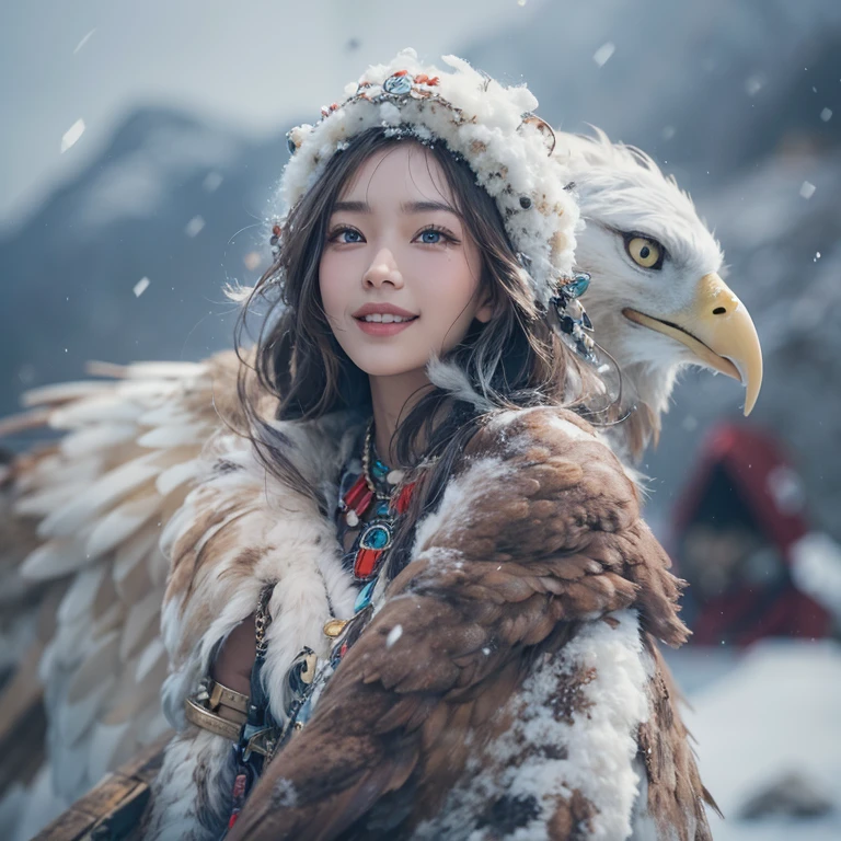 Hiding in the snowy mountains、Hair flow、 ((Highest quality、masterpiece、8K、Best image quality、Ultra-high resolution、Award-winning works)、(Accurate ???????:1.1)、(Look at me and smile:1.1)、Shining fair skin with Ultra-high resolution、The most detailed face、Ultra-high resolution detailed face、Ultra-high resolutionの髪の毛、(Ultra-high resolutionの煌めく瞳:1.1)、Beautiful face drawn in every detail、(Blurred Background:1.1)、Ancient Inuit clothing, Chest to chest, tattoo, Old ruins in the background、Apart from the real giant eagle