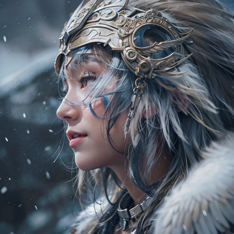 Hiding in the snowy mountains、Hair flow、 ((Highest quality、masterpiece、8K、Best image quality、Ultra-high resolution、Award-winning works)、(Accurate :1.1)、(Look at me and smile:1.1)、Shining fair skin with Ultra-high resolution、The most detailed face、Ultra-high resolution detailed face、Ultra-high resolutionの髪の毛、(Ultra-high resolutionの煌めく瞳:1.1)、Beautiful face drawn in every detail、(Blurred Background:1.1)、Ancient Inuit clothing, Chest to chest, tattoo, Old ruins in the background、Apart from the real giant eagle