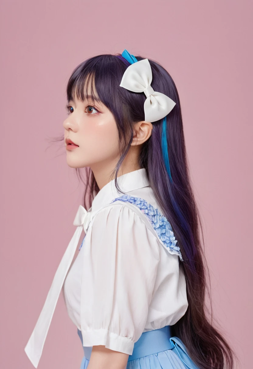 Best Quality, Masterpiece, extremely detailed, detailed background, 1 girl, Alone, wide, flower, blue fur, White background, pink flower, simple background, profile, Upper part of the body, shirt, white shirt, white flower, bow, hits, purple eyes, move, blush