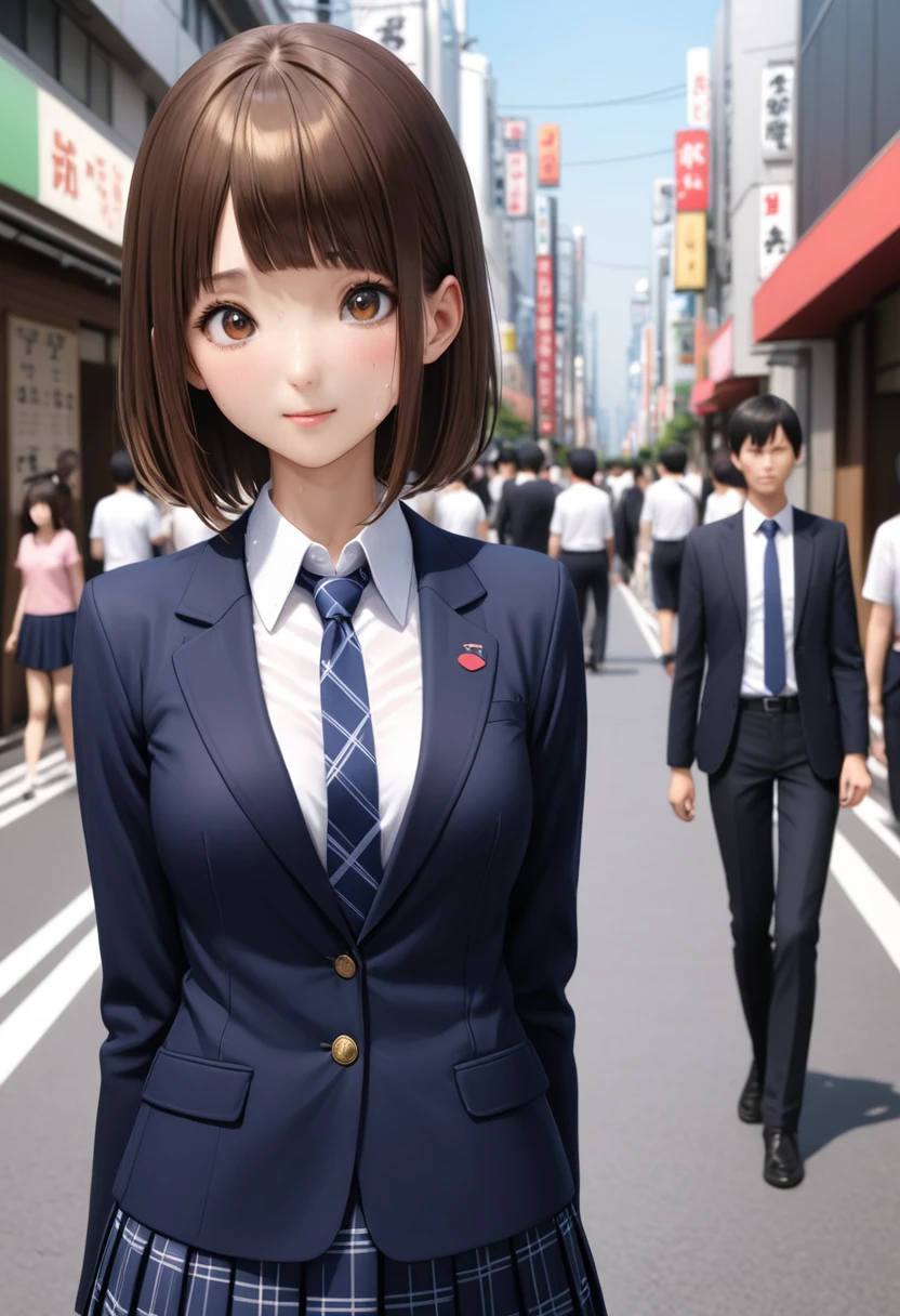 (realistic:1.5,masterpiece,Highest quality:1.3,best quality illustration),cowboy shot,1woman,20 year old Japanese beauty,very small head,(short bob brown hair),bangs,brown eyes,gorgeous eyes,blush,smile,.medium breasts,((very long body:1.3)),((toned body,slender body,skinny:1.3)),(School uniform、Dark blue blazer jacket、White shirt、Navy blue tie、Dark blue plaid pleated mini skirt),gleaming skin,shiny skin,sweat,standing,on street、Tokyo,