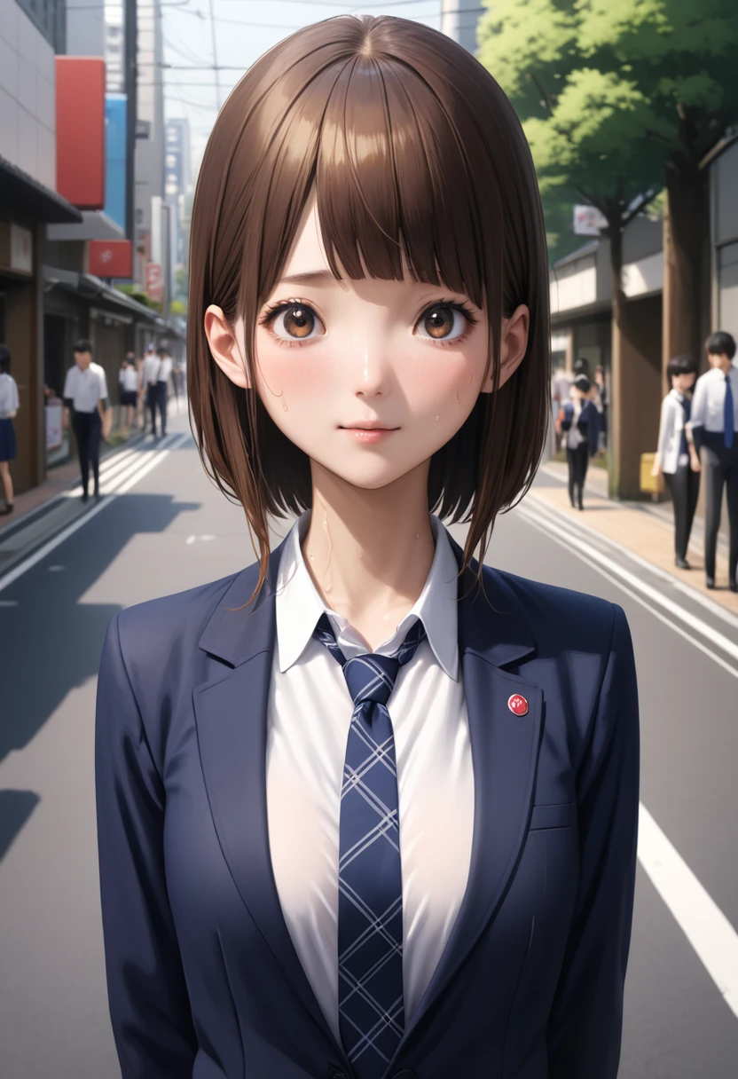 (realistic:1.5,masterpiece,Highest quality:1.3,best quality illustration),cowboy shot,1woman,20 year old Japanese beauty,very small head,(short bob brown hair),bangs,brown eyes,gorgeous eyes,blush,smile,.medium breasts,((very long body:1.3)),((toned body,slender body,skinny:1.3)),(School uniform、Dark blue blazer jacket、White shirt、Navy blue tie、Dark blue plaid pleated mini skirt),gleaming skin,shiny skin,sweat,standing,on street、Tokyo,