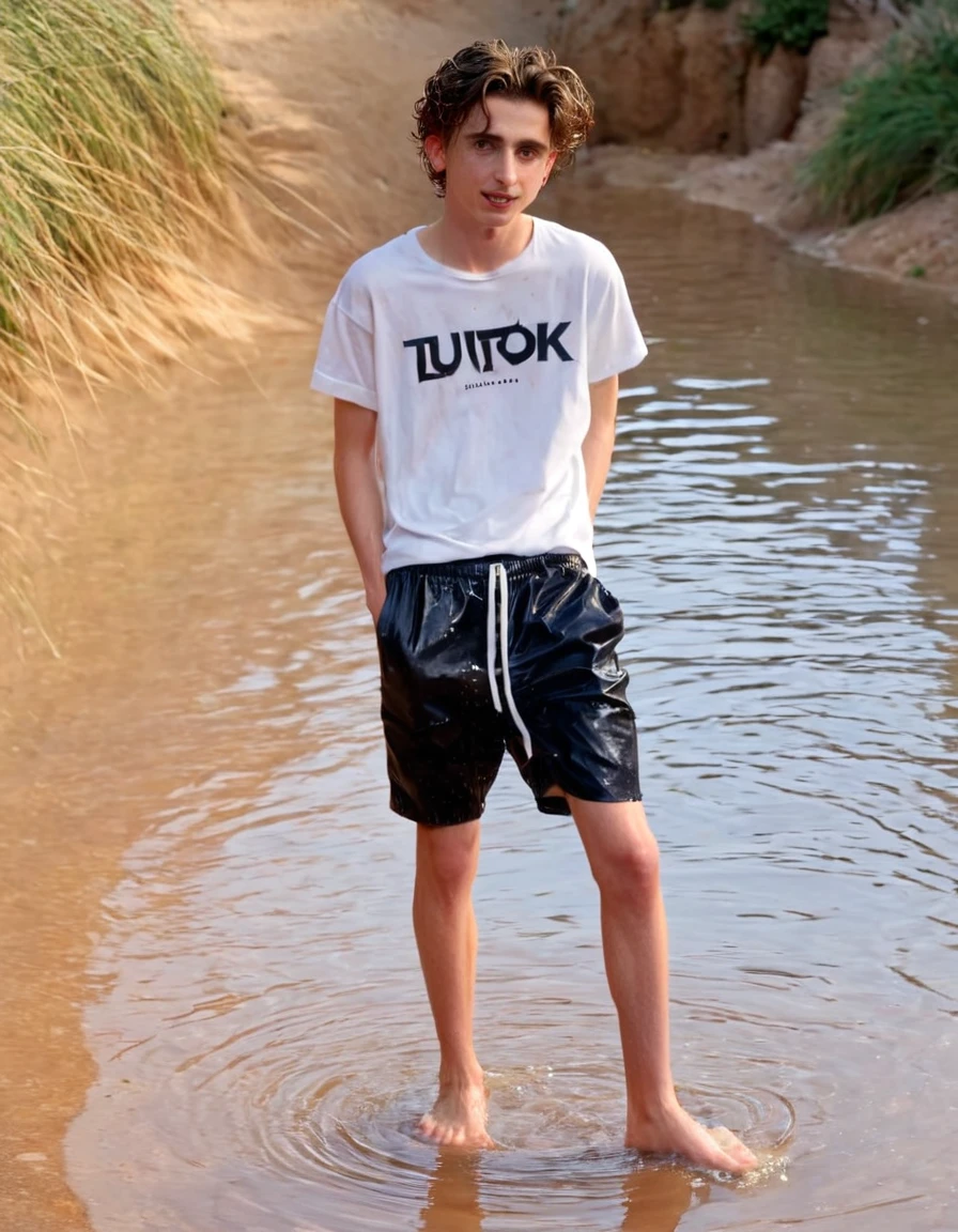 Timothée Chalamet, sweaty teen boy, in water, in outside Alhambra, no clothing, far from camera, whole body, braces, age 19, wavy tiktok hair, boxer, bare feet, wearing no t-shirt topless, Alhambra, short fine armpit hair, flexing, in the water, veiny arms, cute, tall, lean, not muscular, wispy pubes, muscular teen boy masterpiece, high resolution, feet visible, no shoes, very dirty feet, skinny, tall, foot fetish, tall boy, teen boy, braces, best quality, sticky armpit hair, sticky, glue on floor, wet floor, sticky clothes, drops on underwear, drops on shorts, sticky on shorts, drops on floor, sweaty face, sweaty hair, Dune by Herbert, Science fiction
