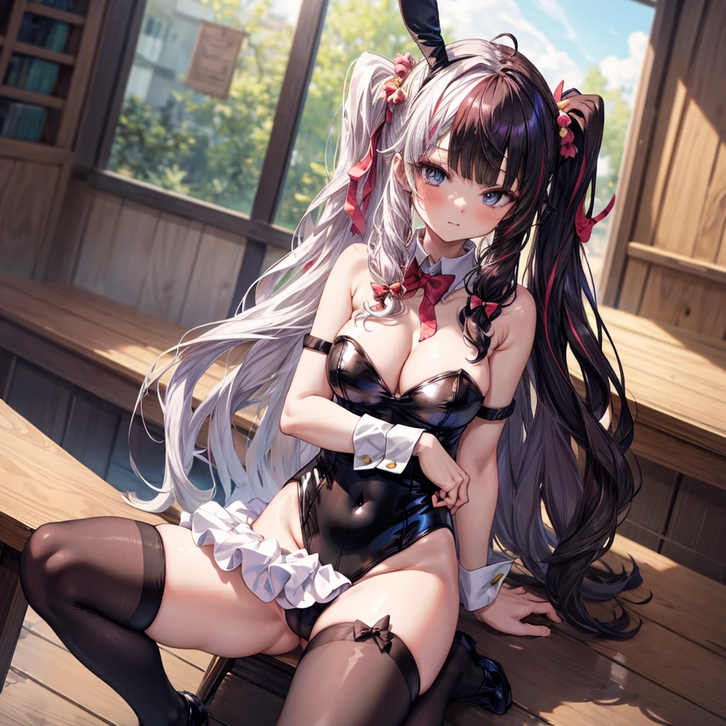 ((Highest quality)), ((masterpiece)), (detailed), the female is sitting and is wearing a bunny outfit, 1girl, breasts, thighhighs, 独奏, squatting, animal ears, playboy bunny, bow, rabbit ears, leotard, white thighhighs, cameltoe, black leotard, multicolored hair, detached collar, in, blue eyes, large breasts, cleainage, split-color hair, bowtie, strapless leotard, hair bow, coinered nainel, looking at iniewer, long hair, wrist cuffs, spread legs