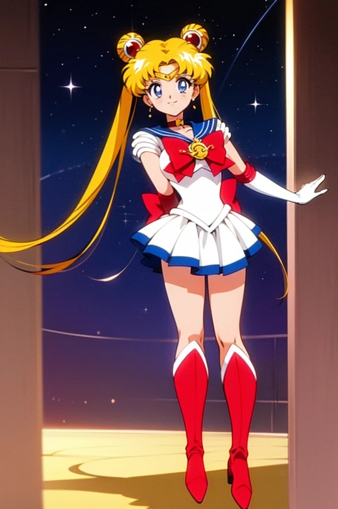 masterpiece, best quality, 1girl, solo, looking at viewer, anime screencap,1990s \(style\), (art by Naoko Takeuchi), EPsmSailorMoon, blonde hair, blue eyes, long hair, very long hair, twintails, hair bun, double bun, miniskirt, choker, bow, crescent earrings, starry sky, knee boots, red choker, white gloves, moon, red bow, sky, magical girl, elbow gloves, star (symbol), closed mouth, earrings, full body, back bow, jewelry, boots, star (sky), sailor senshi uniform, crescent, crescent moon, blue sailor collar, smile, gloves, sailor collar, blue skirt, red footwear, skirt, pleated skirt, standing, idle, hands down