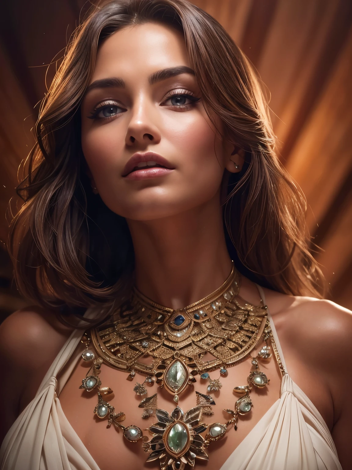 A beautiful woman with an elegant neckline and prominent cleavage, extreme closeup, stunning details, photorealistic, masterpiece, 8k, highly detailed, intricate, cinematic lighting, dramatic chiaroscuro, warm color tones, porcelain skin, flawless complexion, alluring gaze, seductive expression, luxurious jewelry, hyper-realistic, exquisite textures, mesmerizing beauty